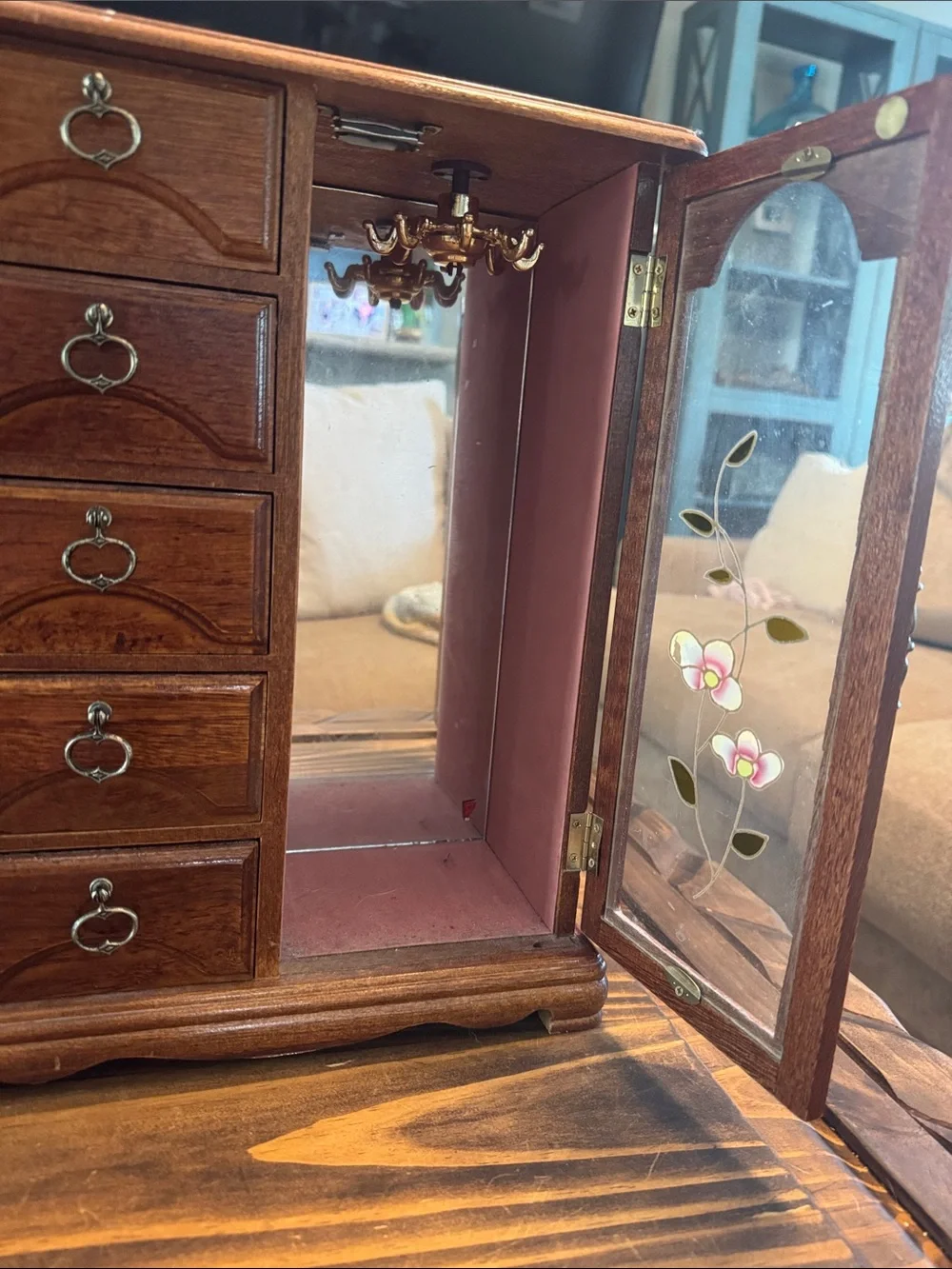 Wood Finish Jewelry Armoire with Floral Glass Door